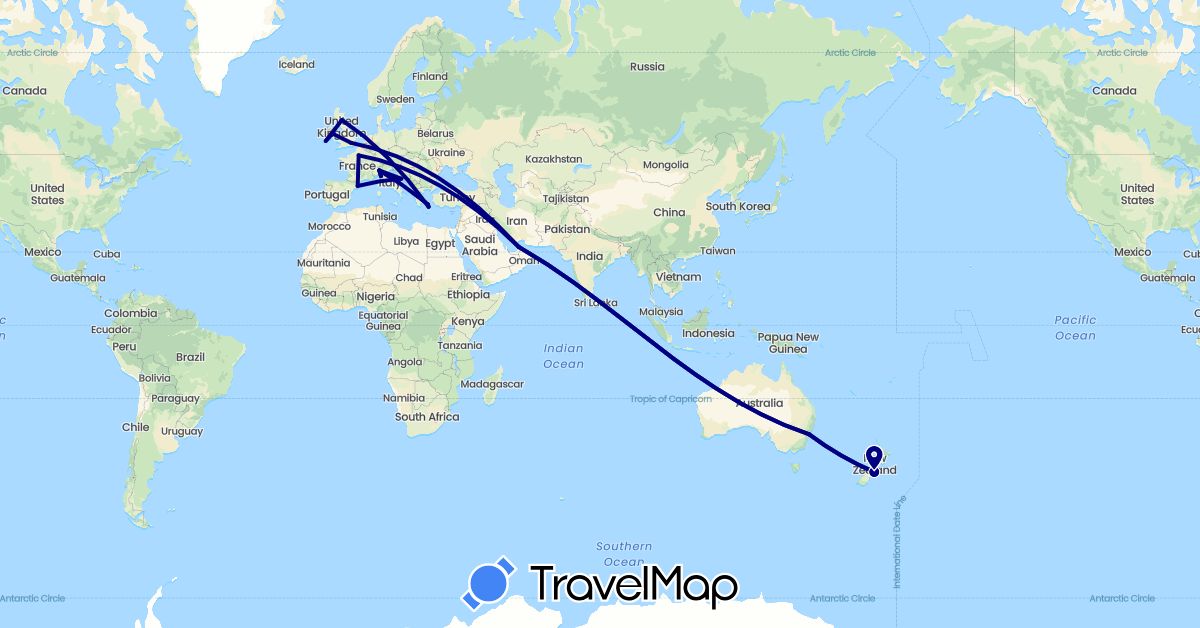 TravelMap itinerary: driving in United Arab Emirates, Australia, Spain, France, United Kingdom, Greece, Croatia, Ireland, Italy, New Zealand (Asia, Europe, Oceania)